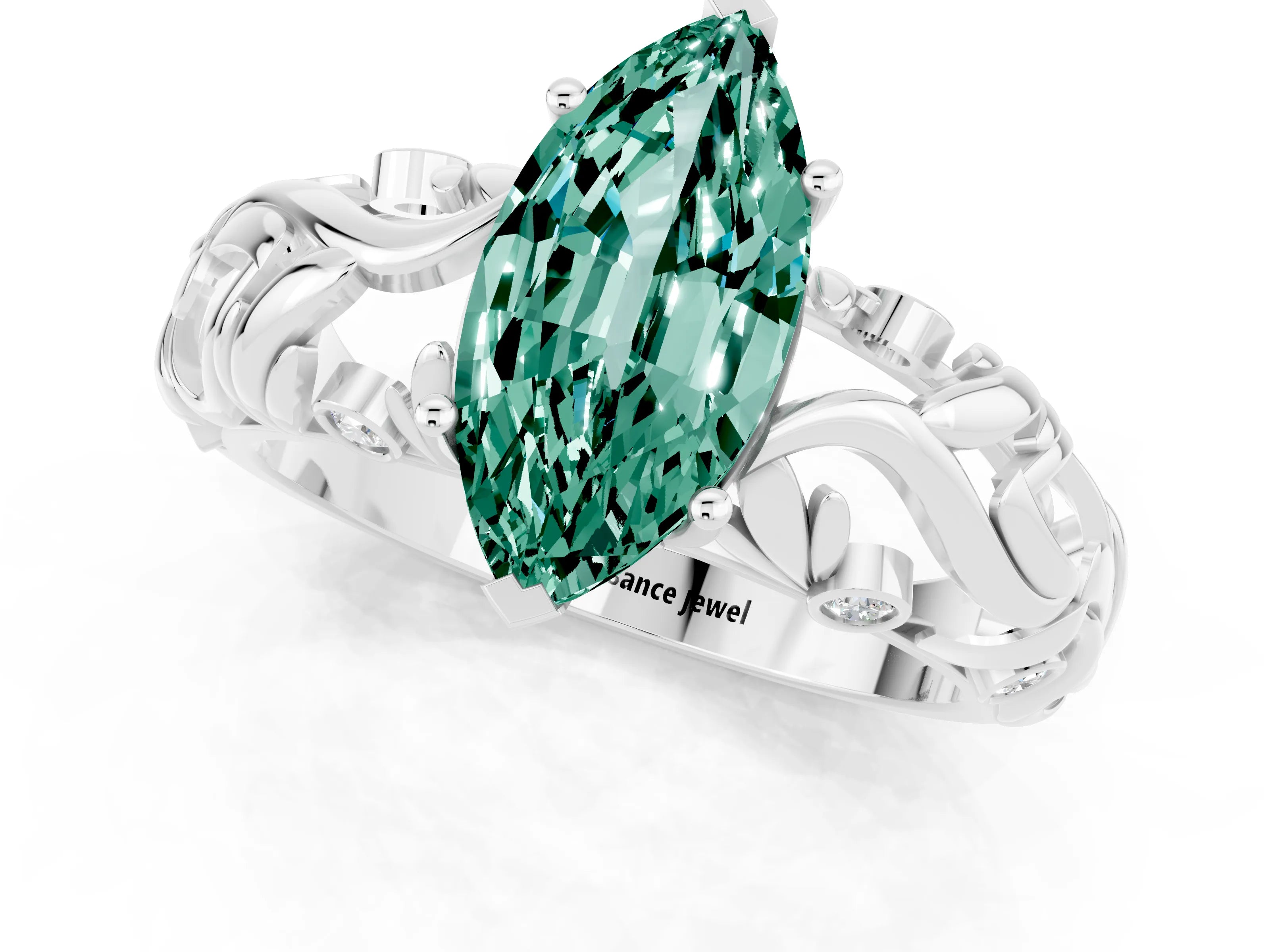 White gold Marquise Cut Solitaire Green Sapphire Leaf-Inspired Vine Band Ring with Prong Setting_1