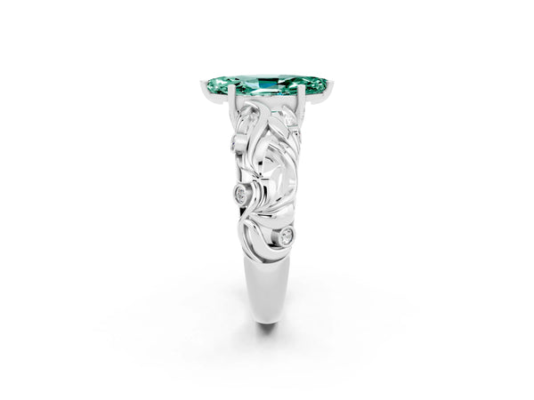 Platinum Marquise Cut Solitaire Green Sapphire Leaf-Inspired Vine Band Ring with Prong Setting