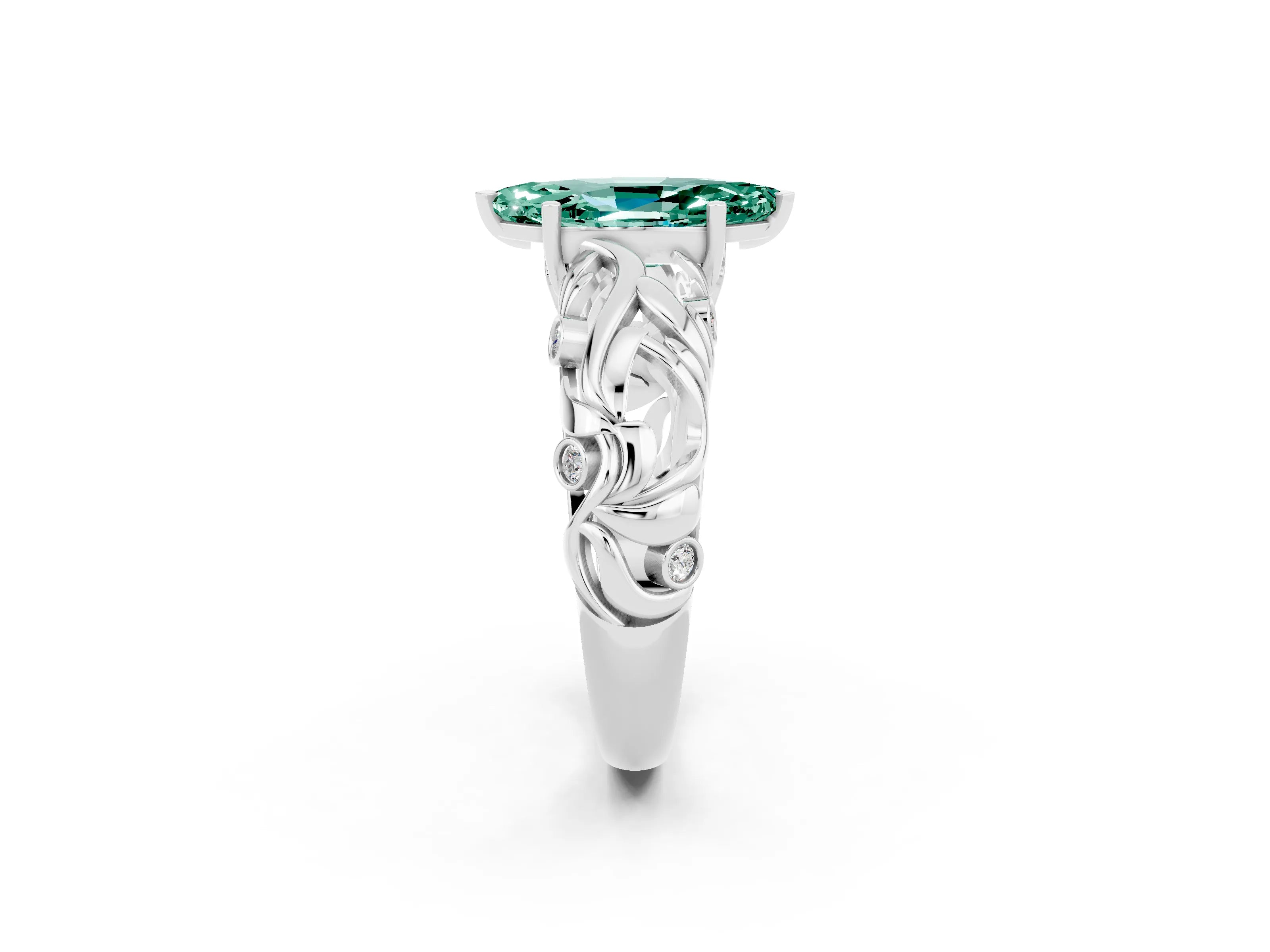 White gold Marquise Cut Solitaire Green Sapphire Leaf-Inspired Vine Band Ring with Prong Setting_2