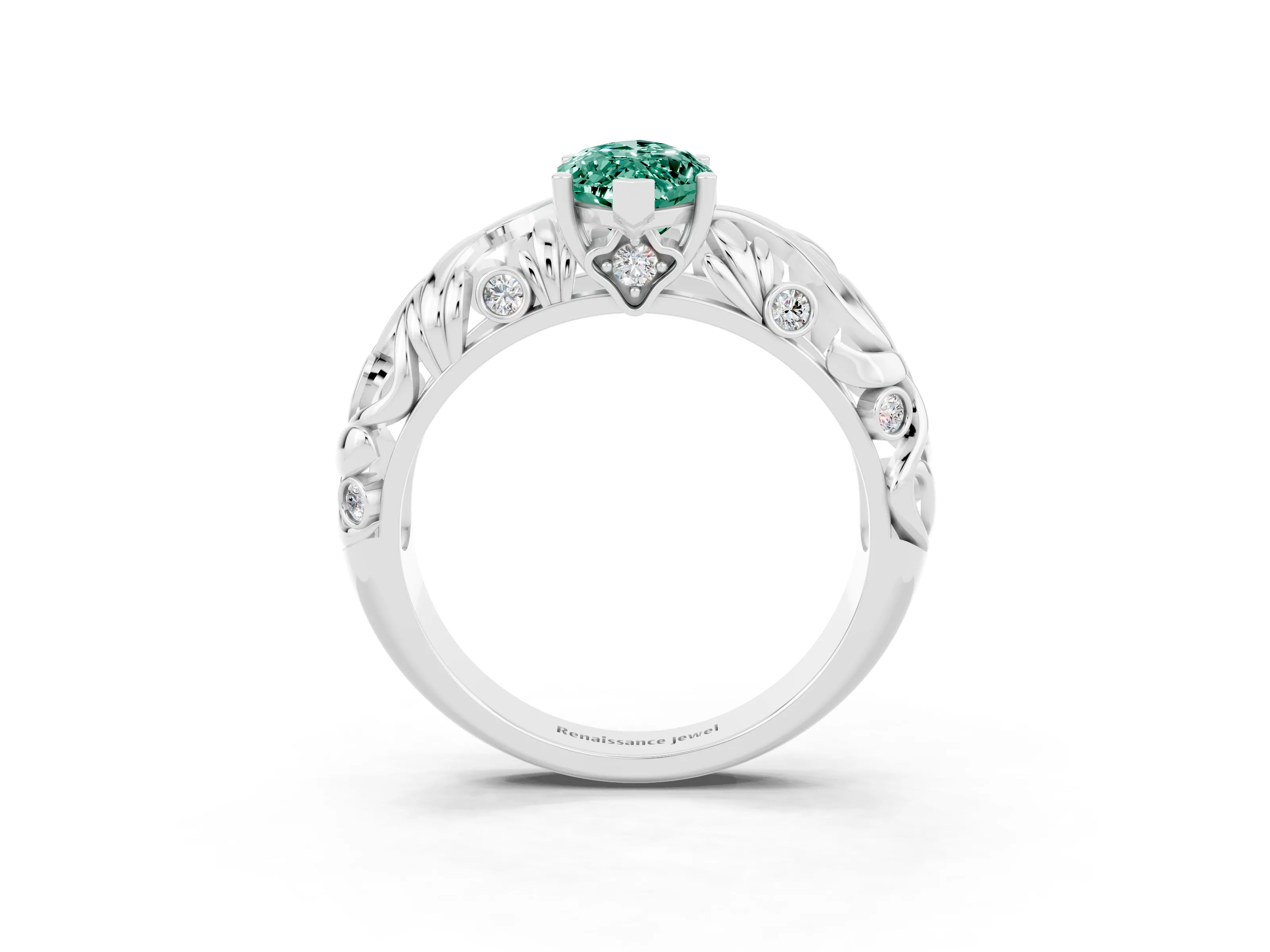 White gold Marquise Cut Solitaire Green Sapphire Leaf-Inspired Vine Band Ring with Prong Setting_3