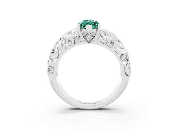 White gold Marquise Cut Solitaire Green Sapphire Leaf-Inspired Vine Band Ring with Prong Setting