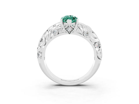 White gold Marquise Cut Solitaire Green Sapphire Leaf-Inspired Vine Band Ring with Prong Setting_3