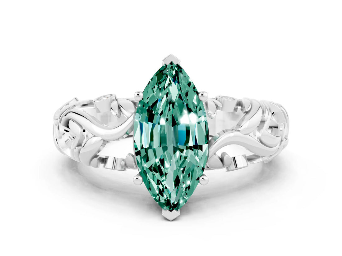 White gold Marquise Cut Solitaire Green Sapphire Leaf-Inspired Vine Band Ring with Prong Setting