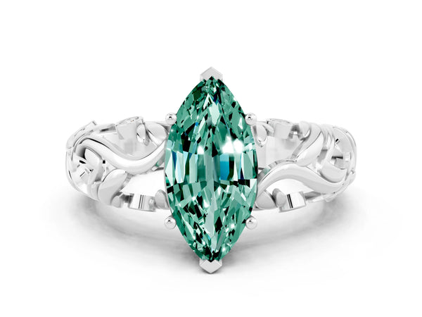 Silver Marquise Cut Solitaire Green Sapphire Leaf-Inspired Vine Band Ring with Prong Setting