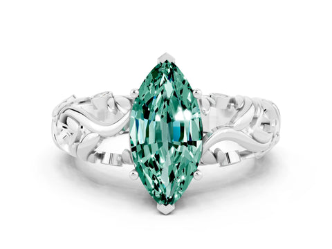 White gold Marquise Cut Solitaire Green Sapphire Leaf-Inspired Vine Band Ring with Prong Setting