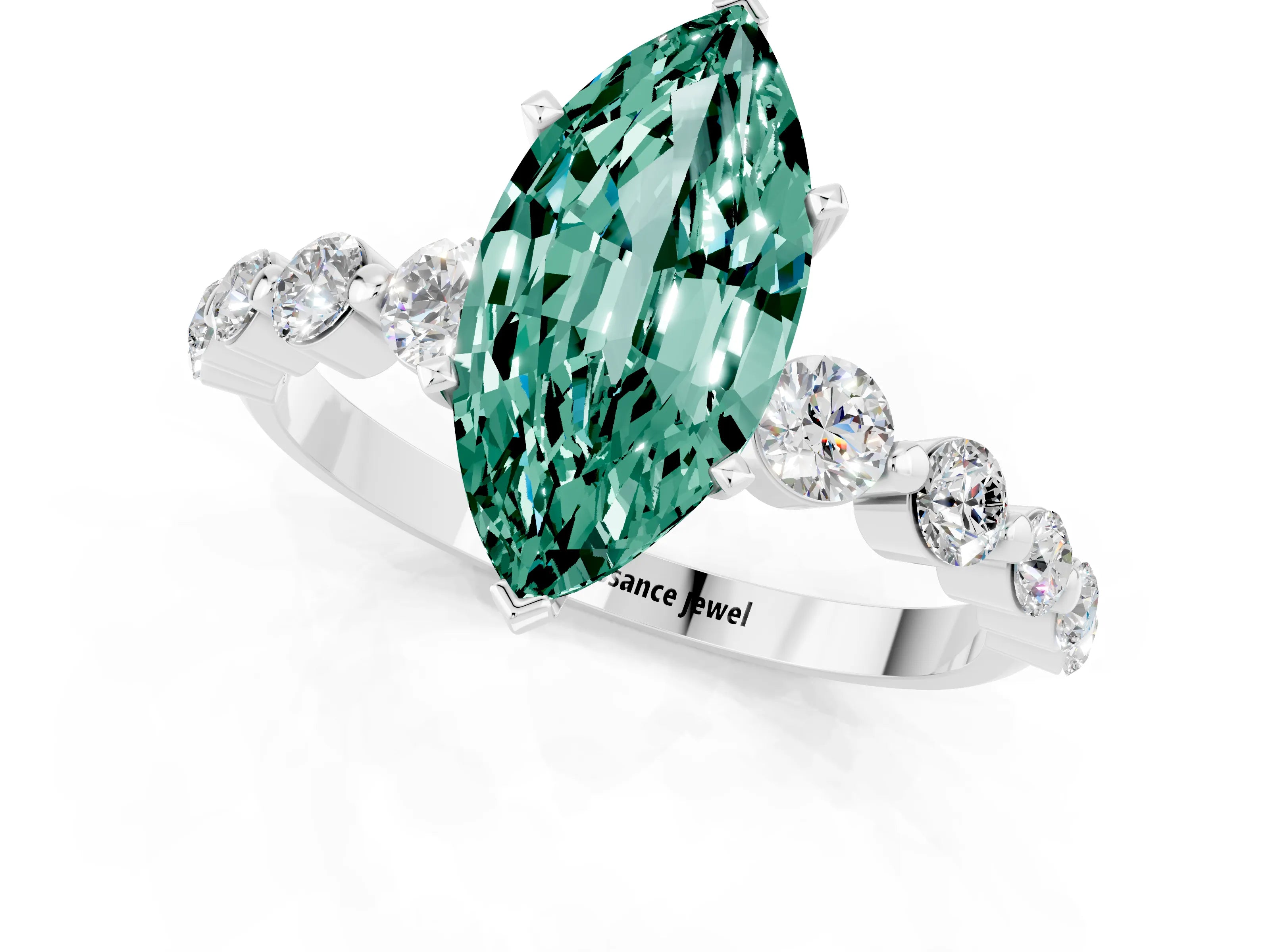 White gold Marquise Cut Solitaire Green Sapphire Ring with Pave Band and Four-Prong Setting_1