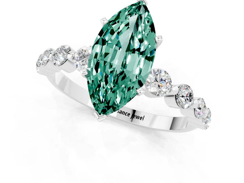 White gold Marquise Cut Solitaire Green Sapphire Ring with Pave Band and Four-Prong Setting_1