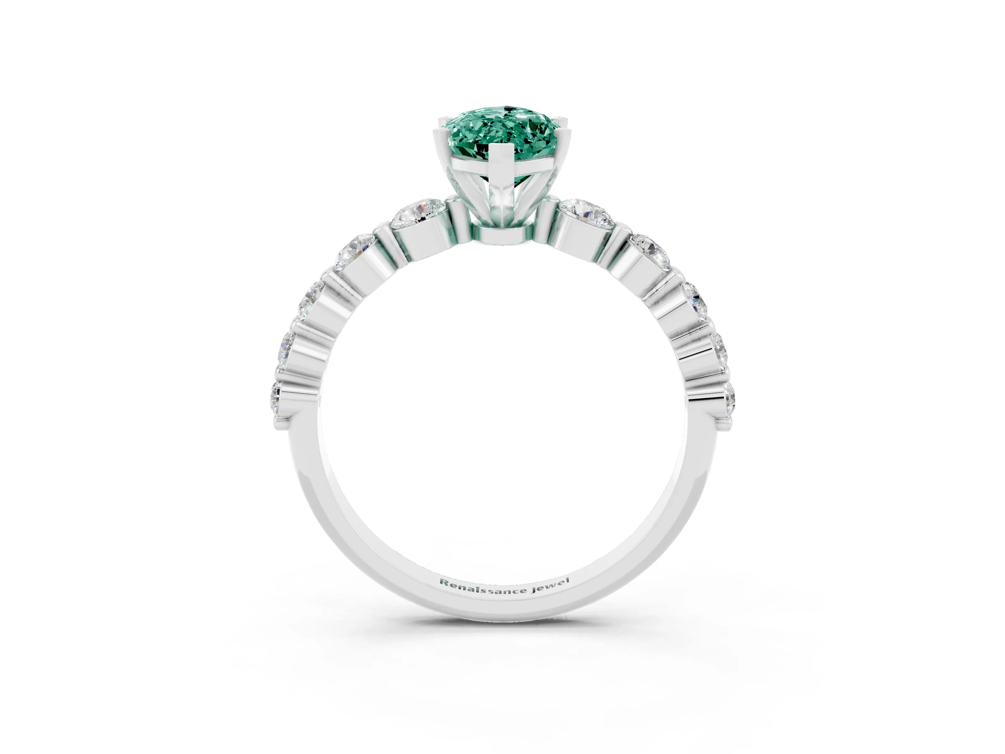 White gold Marquise Cut Solitaire Green Sapphire Ring with Pave Band and Four-Prong Setting_3