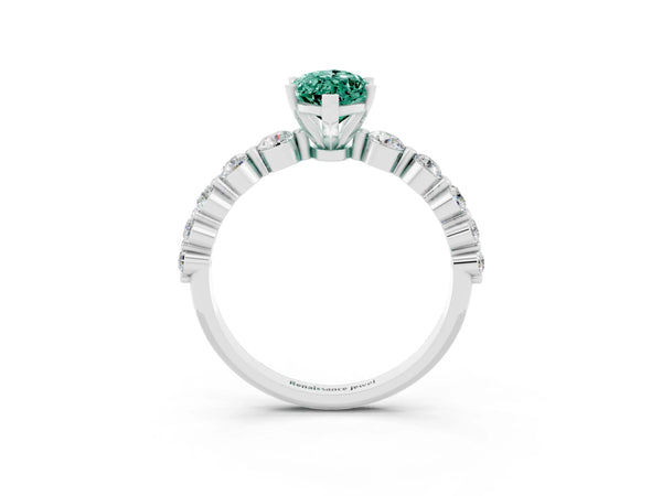 Platinum Marquise Cut Solitaire Green Sapphire Ring with Pave Band and Four-Prong Setting