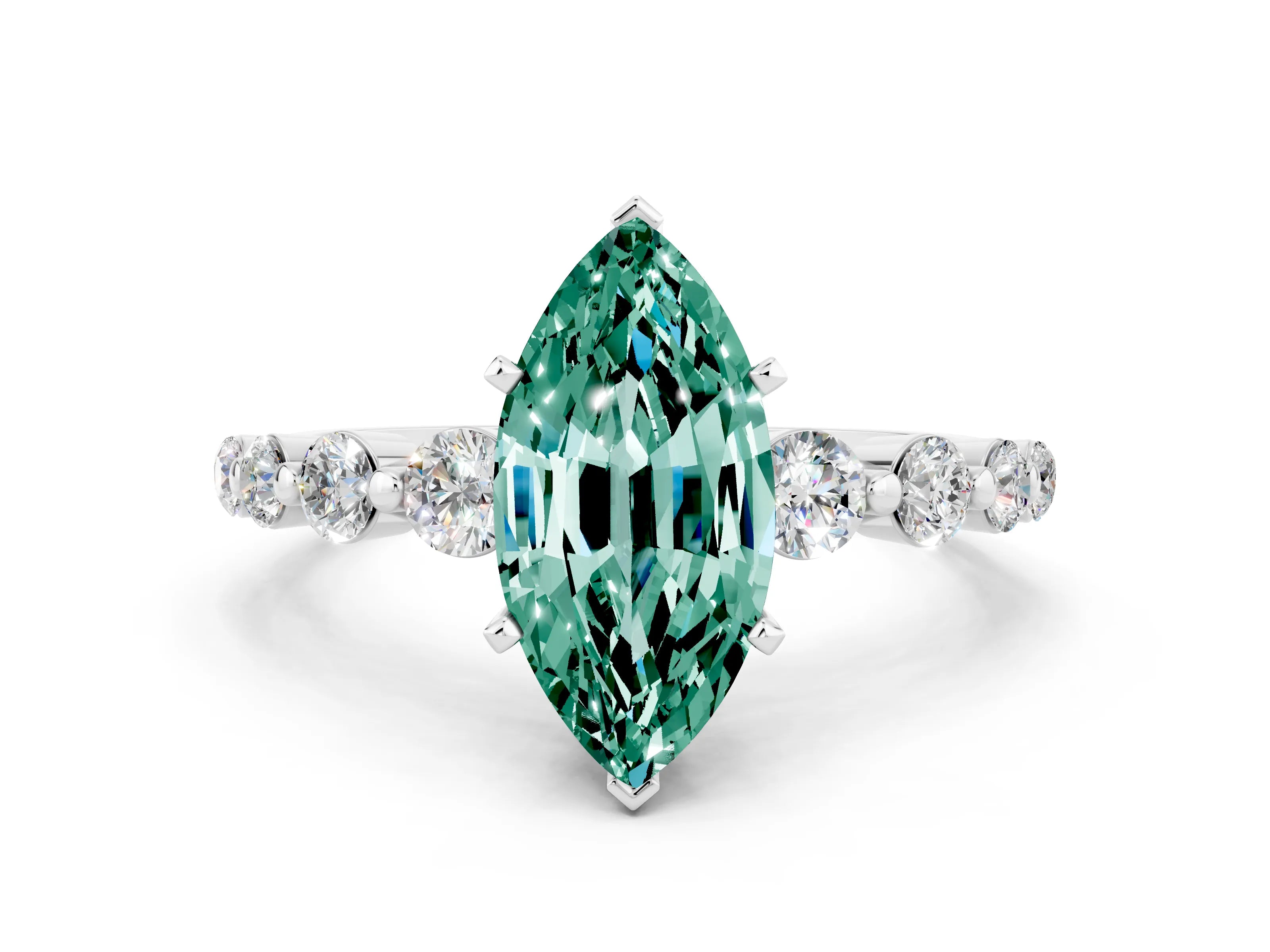 White gold Marquise Cut Solitaire Green Sapphire Ring with Pave Band and Four-Prong Setting
