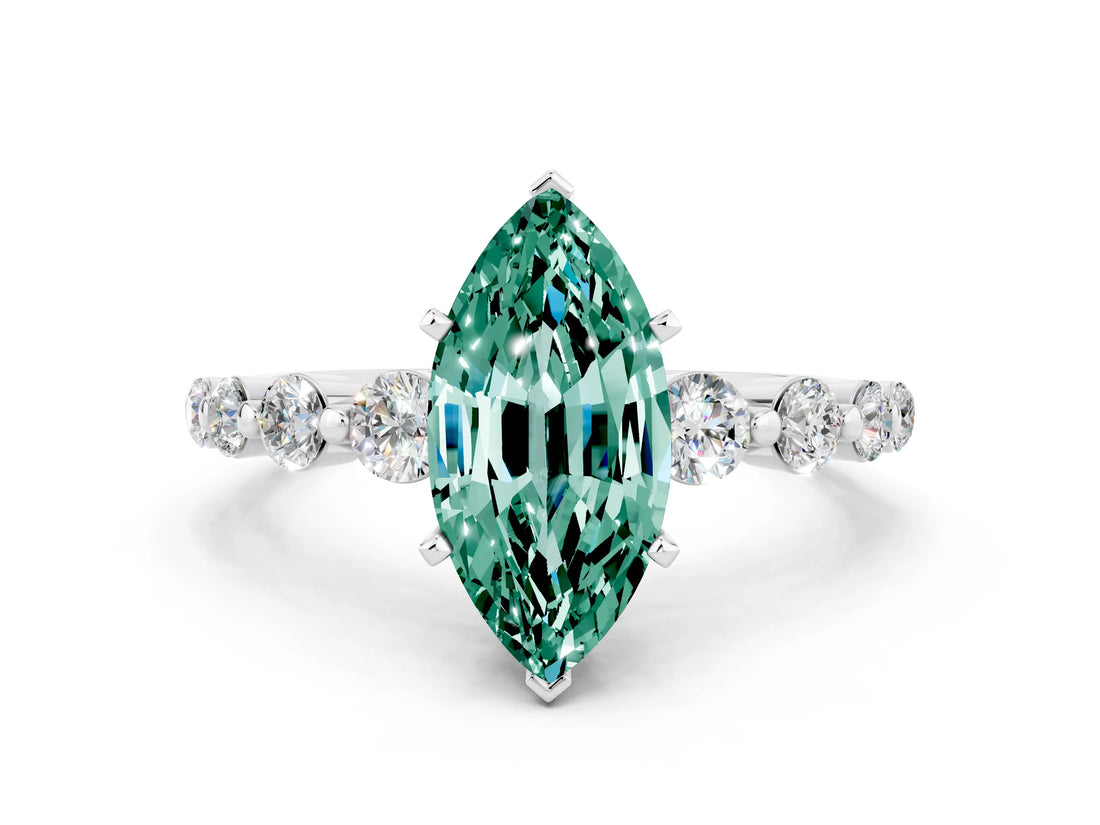White gold Marquise Cut Solitaire Green Sapphire Ring with Pave Band and Four-Prong Setting