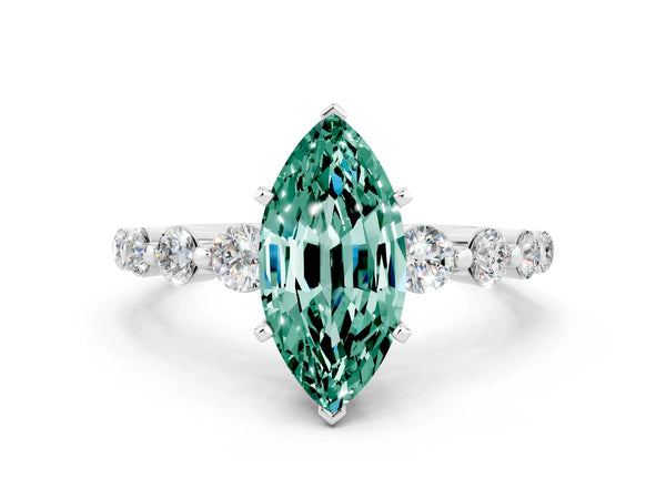 Silver Marquise Cut Solitaire Green Sapphire Ring with Pave Band and Four-Prong Setting