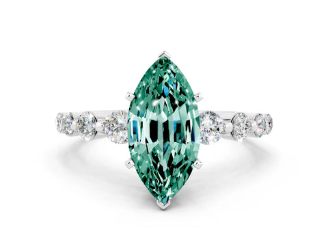 White gold Marquise Cut Solitaire Green Sapphire Ring with Pave Band and Four-Prong Setting