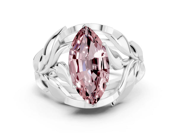 Platinum Marquise Cut Solitaire Leaf-Inspired Engagement Ring with Prong Setting