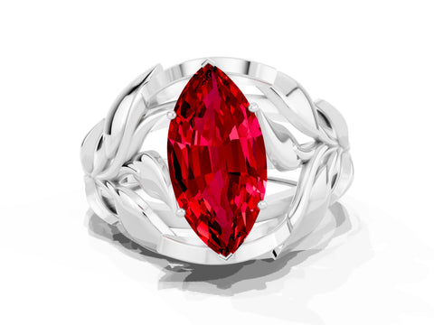 White gold Marquise Cut Solitaire Leaf-Inspired Engagement Ring with Prong Setting