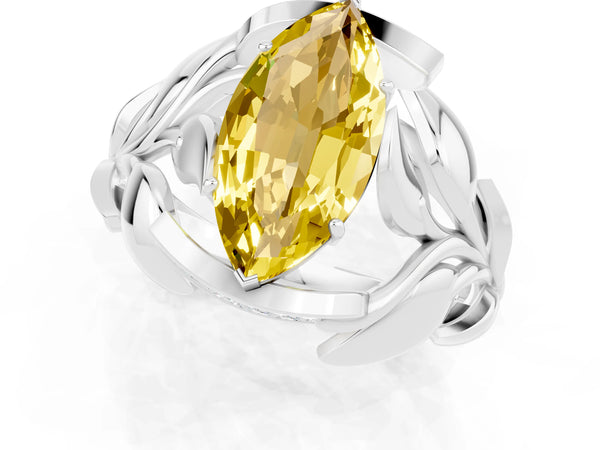 White gold Marquise Cut Yellow Sapphire Leaf-Inspired Engagement Ring with Round Accents and Prong Setting