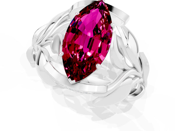 Platinum Marquise Cut Garnet Leaf-Inspired Engagement Ring with Round Accents and Prong Setting