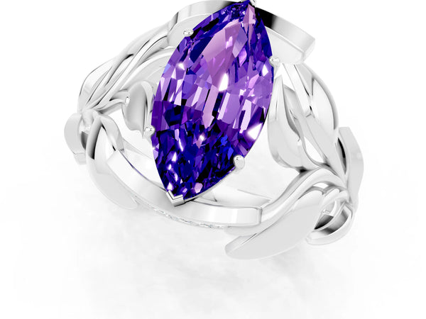 Silver Marquise Cut Tanzanite Leaf-Inspired Engagement Ring with Round Accents and Prong Setting
