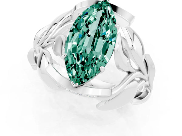 Platinum Marquise Cut Green Sapphire Leaf-Inspired Engagement Ring with Round Accents and Prong Setting