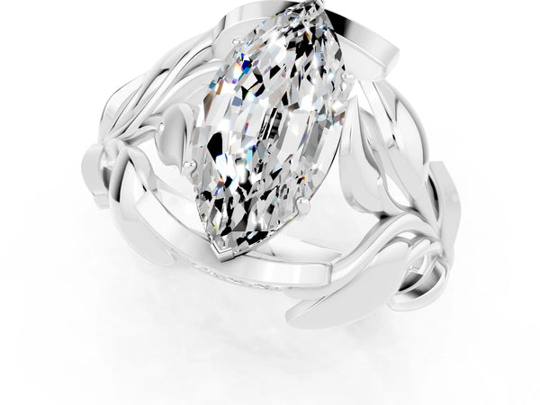 Silver Marquise Cut Moissanite Leaf-Inspired Engagement Ring with Round Accents and Prong Setting