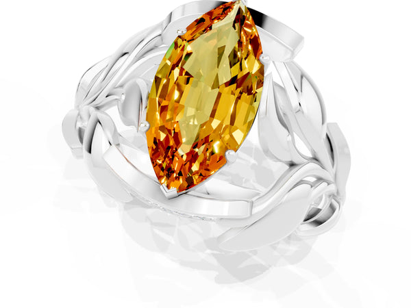 Platinum Marquise Cut Citrine Leaf-Inspired Engagement Ring with Round Accents and Prong Setting