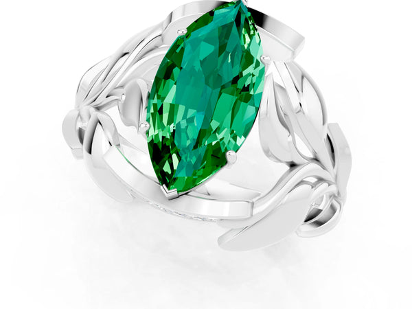 White gold Marquise Cut Emerald Leaf-Inspired Engagement Ring with Round Accents and Prong Setting