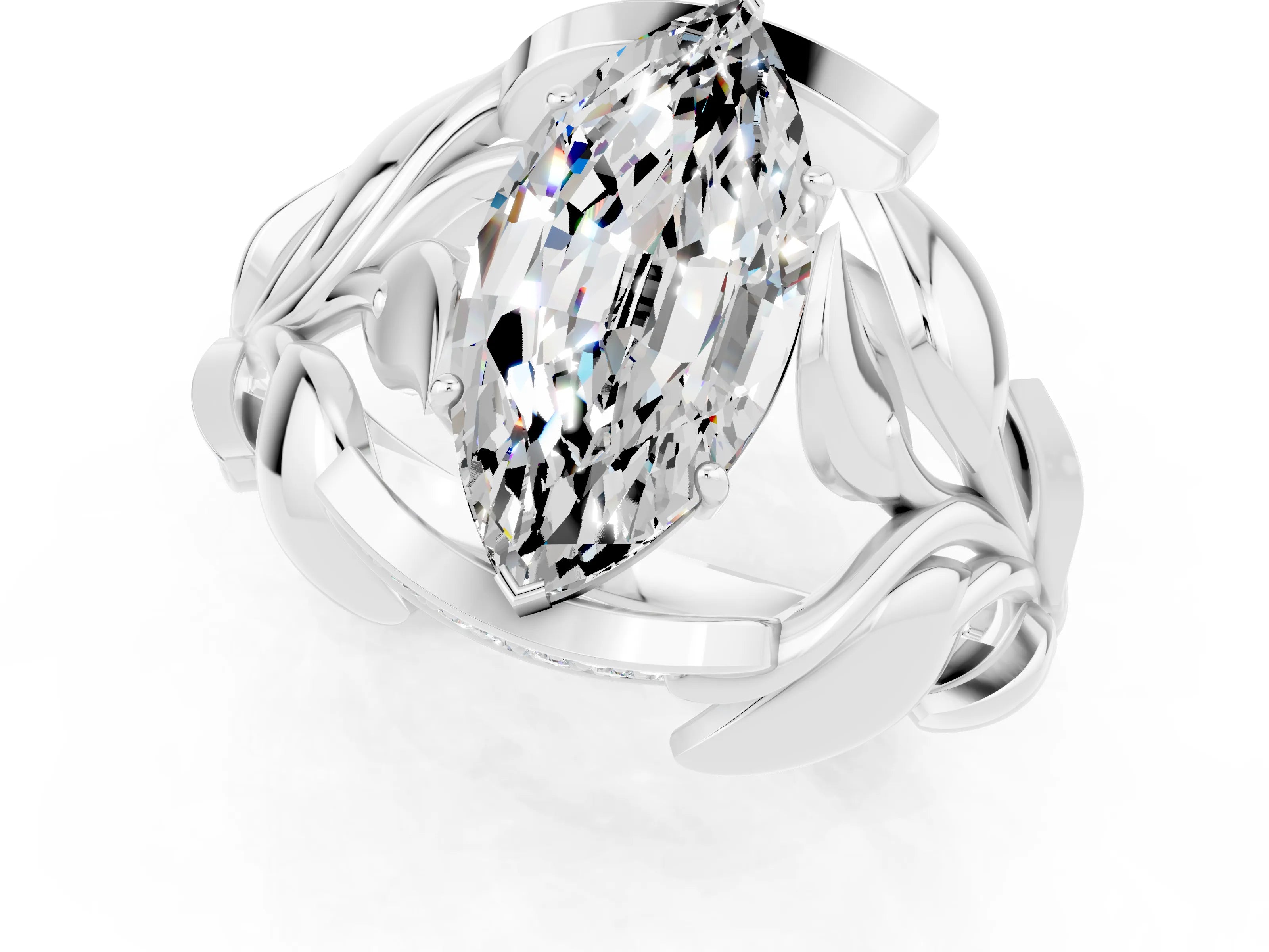 White gold Marquise Cut Solitaire Leaf-Inspired Engagement Ring with Prong Setting_1