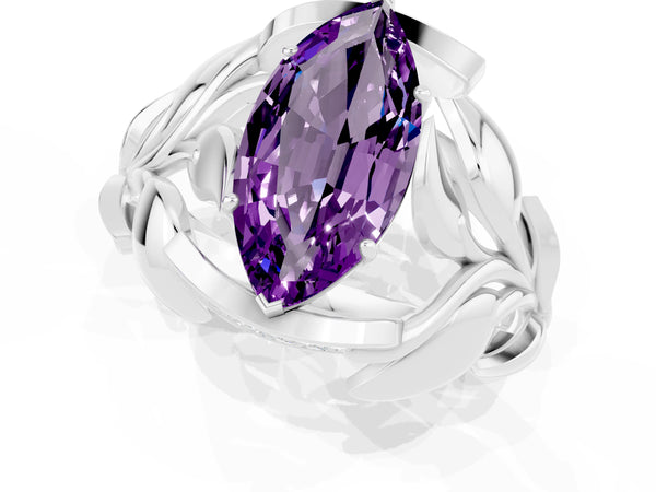 Platinum Marquise Cut Amethyst Leaf-Inspired Engagement Ring with Round Accents and Prong Setting