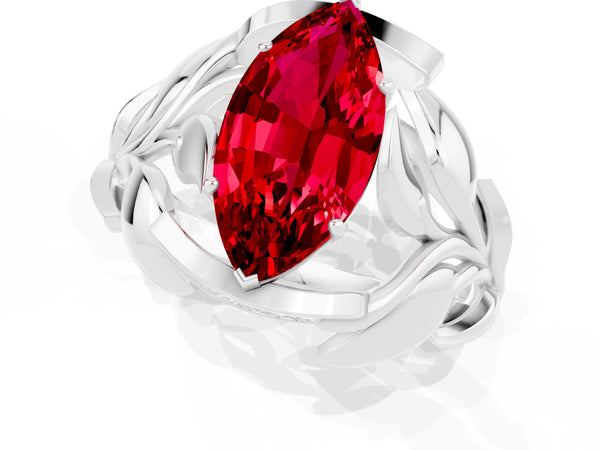 Platinum Marquise Cut Ruby Leaf-Inspired Engagement Ring with Round Accents and Prong Setting