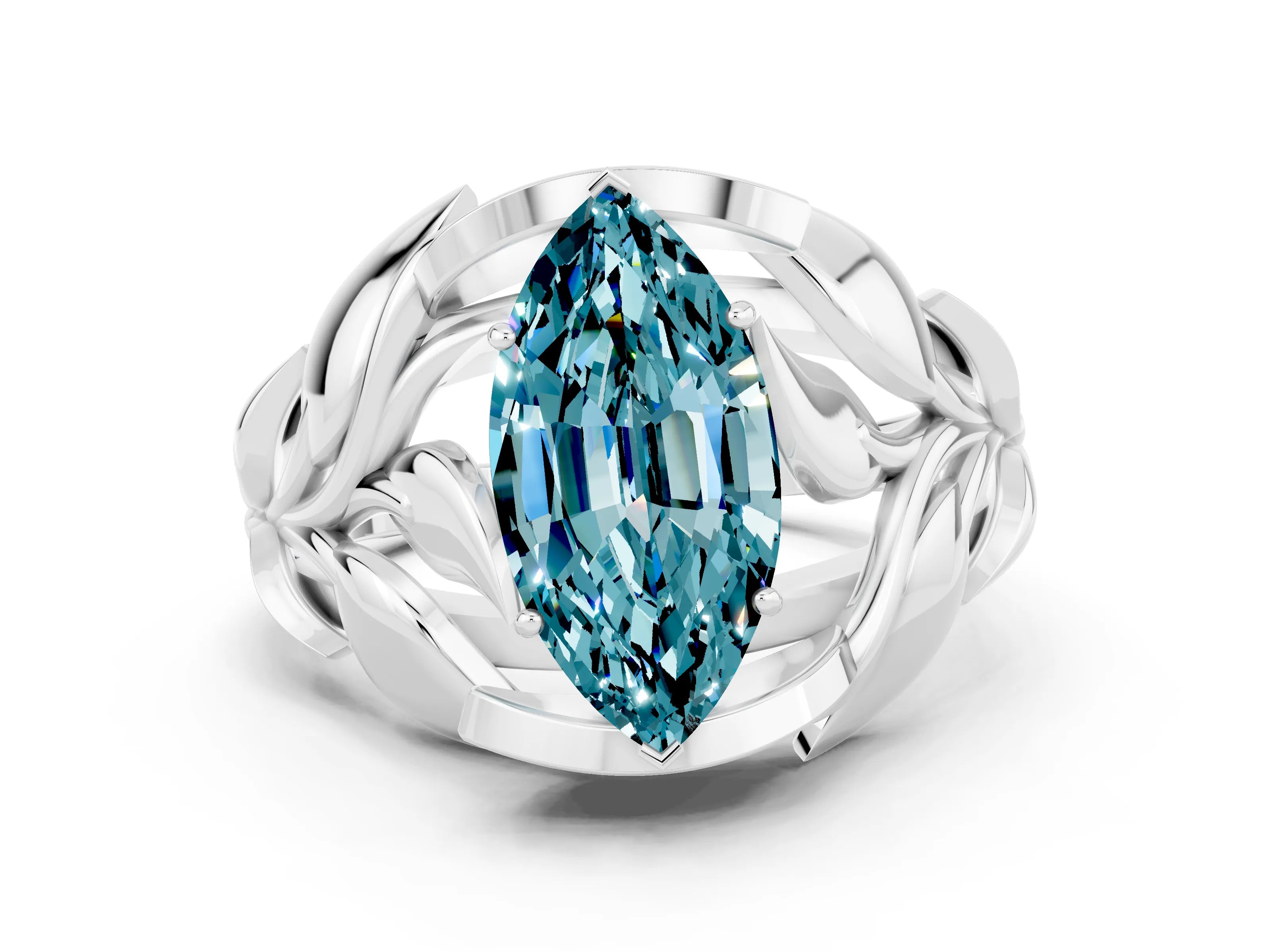 White gold Marquise Cut Solitaire Leaf-Inspired Engagement Ring with Prong Setting
