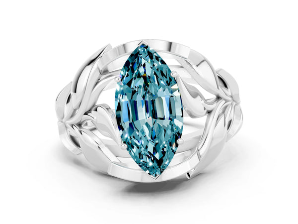 Platinum Marquise Cut Solitaire Leaf-Inspired Engagement Ring with Prong Setting