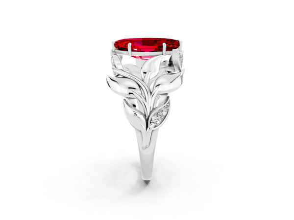 Platinum Marquise Cut Ruby Leaf-Inspired Engagement Ring with Round Accents and Prong Setting