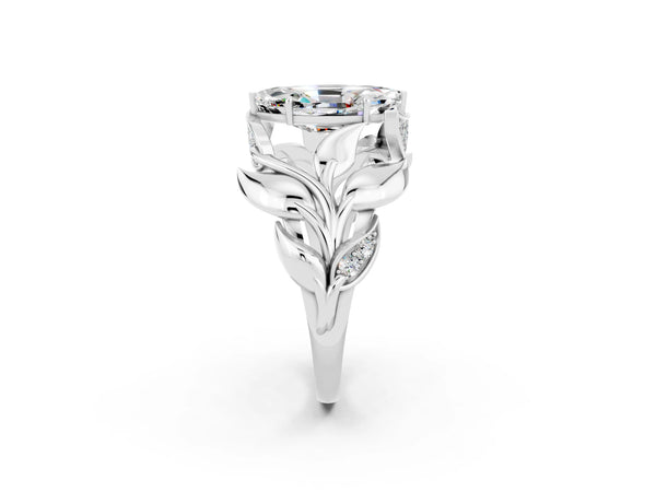 Platinum Marquise Cut Moissanite Leaf-Inspired Engagement Ring with Round Accents and Prong Setting