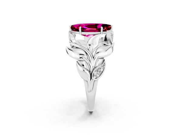 Silver Marquise Cut Garnet Leaf-Inspired Engagement Ring with Round Accents and Prong Setting