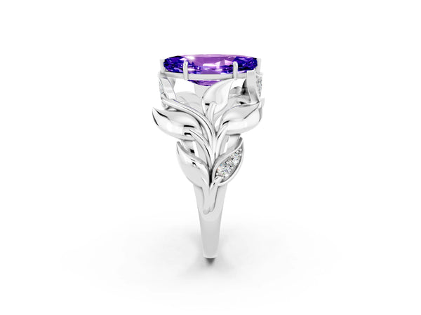Platinum Marquise Cut Tanzanite Leaf-Inspired Engagement Ring with Round Accents and Prong Setting