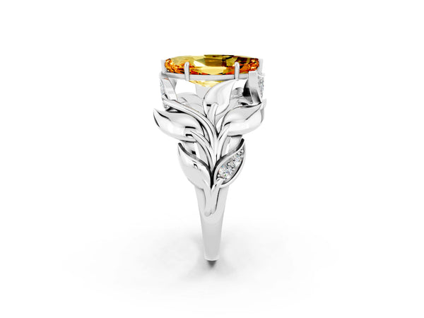 Platinum Marquise Cut Citrine Leaf-Inspired Engagement Ring with Round Accents and Prong Setting