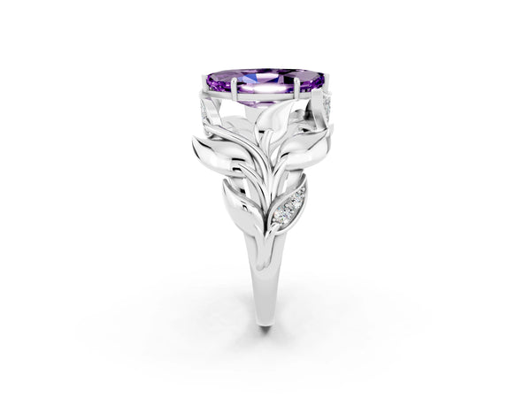 Platinum Marquise Cut Amethyst Leaf-Inspired Engagement Ring with Round Accents and Prong Setting
