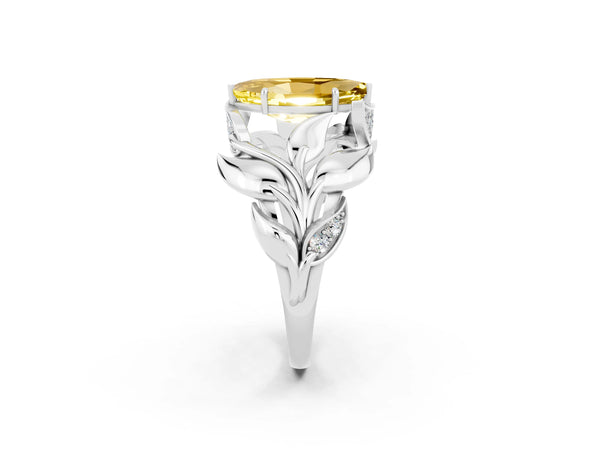 Platinum Marquise Cut Yellow Sapphire Leaf-Inspired Engagement Ring with Round Accents and Prong Setting