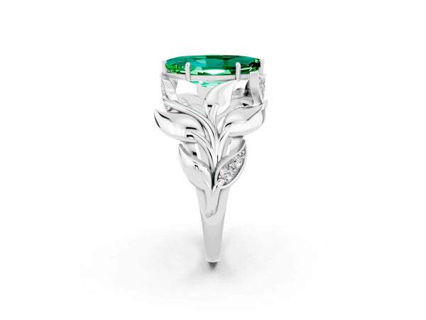 Platinum Marquise Cut Emerald Leaf-Inspired Engagement Ring with Round Accents and Prong Setting
