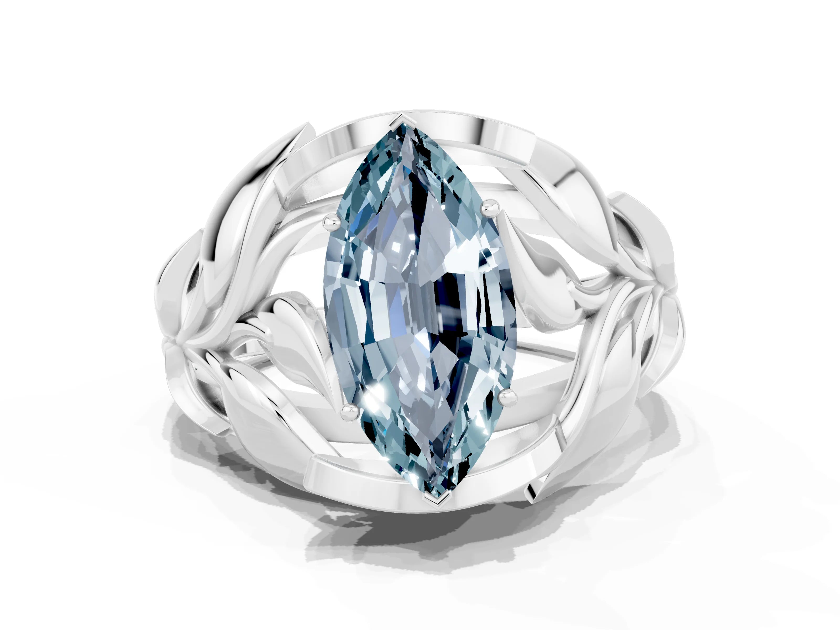 White gold Marquise Cut Solitaire Leaf-Inspired Engagement Ring with Prong Setting