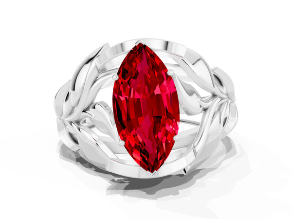 Silver Marquise Cut Ruby Leaf-Inspired Engagement Ring with Round Accents and Prong Setting