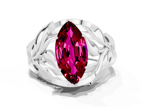 White gold Marquise Cut Solitaire Leaf-Inspired Engagement Ring with Prong Setting