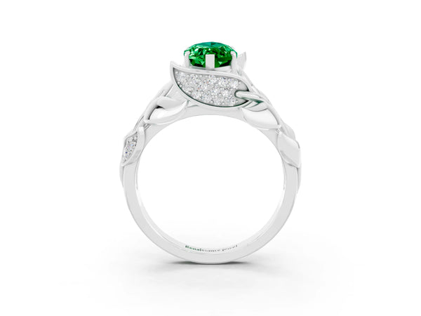 White gold Marquise Cut Emerald Leaf-Inspired Engagement Ring with Round Accents and Prong Setting