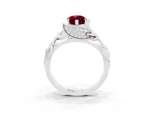 Platinum Marquise Cut Garnet Leaf-Inspired Engagement Ring with Round Accents and Prong Setting