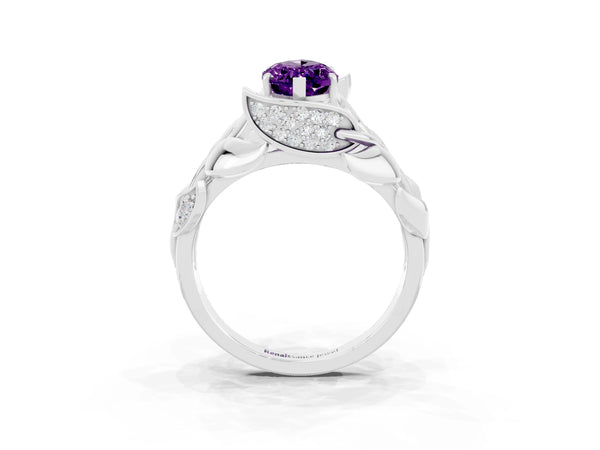 Silver Marquise Cut Amethyst Leaf-Inspired Engagement Ring with Round Accents and Prong Setting