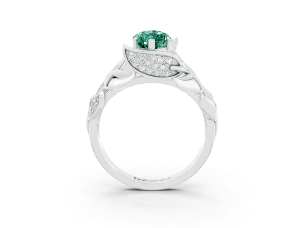 Silver Marquise Cut Green Sapphire Leaf-Inspired Engagement Ring with Round Accents and Prong Setting