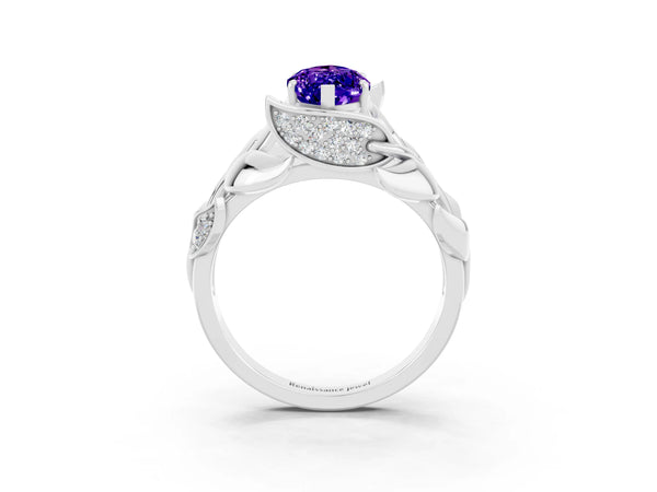 Silver Marquise Cut Tanzanite Leaf-Inspired Engagement Ring with Round Accents and Prong Setting