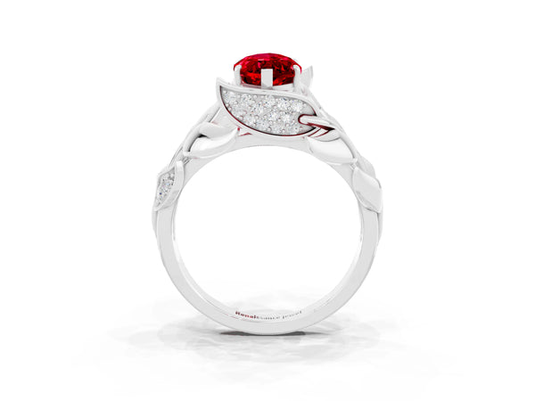 Platinum Marquise Cut Ruby Leaf-Inspired Engagement Ring with Round Accents and Prong Setting