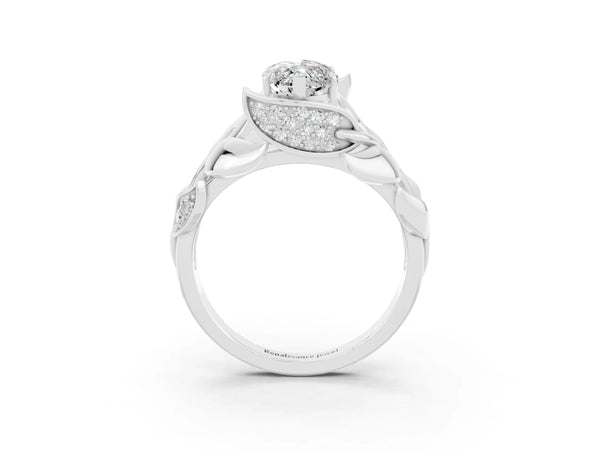 Silver Marquise Cut Moissanite Leaf-Inspired Engagement Ring with Round Accents and Prong Setting