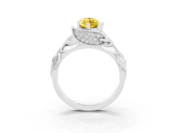 Platinum Marquise Cut Yellow Sapphire Leaf-Inspired Engagement Ring with Round Accents and Prong Setting